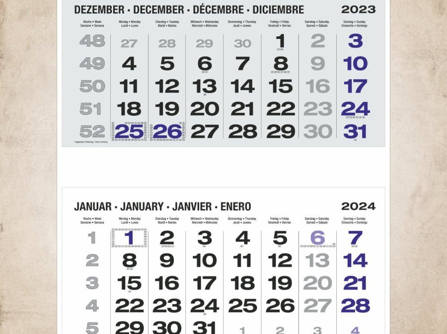 3-Monatskalender PLUS S grau mit blauen Sonn- und Feiertagen